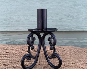 Black Candle Holder Wrought Iron Simple Basic Candleholder Candlestick Primitive Heavy Metal Scroll Single Sturdy Drip Guard