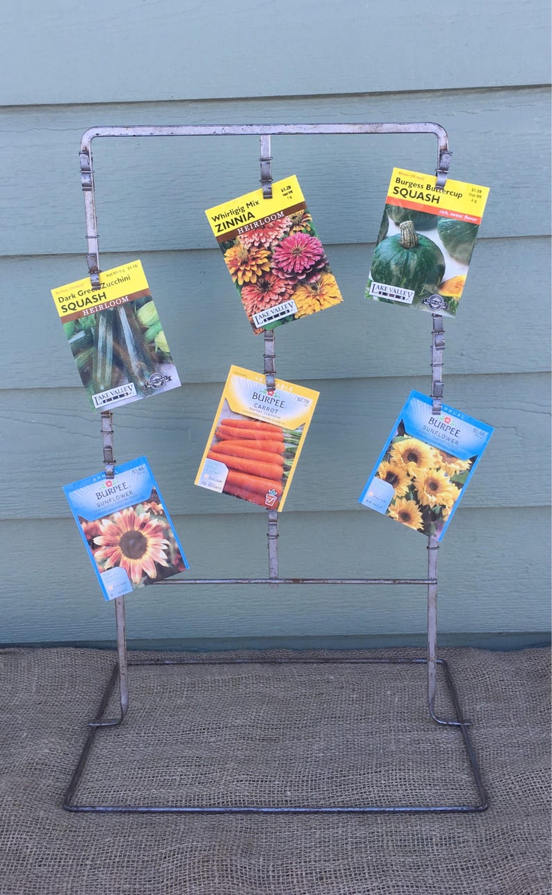 Metal display rack clip up hook hooks craft show vintage sale stamped card jewelry hanger upright vertical garden shed seed packet chips