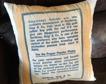 Kingscrost corn Pillow Upcycled Repurposed Grain Gunny Vintage Accent Shabby seed Farm old feed sack gold tan mustard blue Northrup King KX