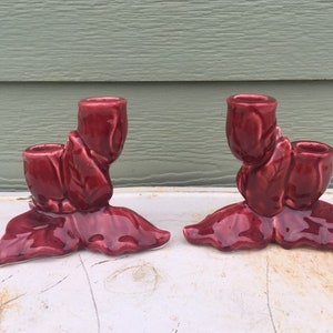 magnolia Red Wing candleholders burgundy brick maroon concord leaf leaves double candle stick holder candlestick pair set pottery ceramic