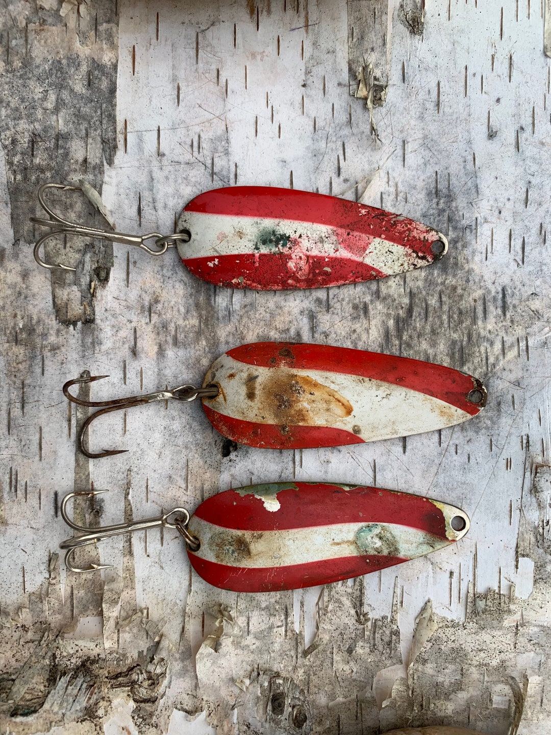 Red White Lure Fishing Set Daredevil Spoon Lot Fish Old Antique