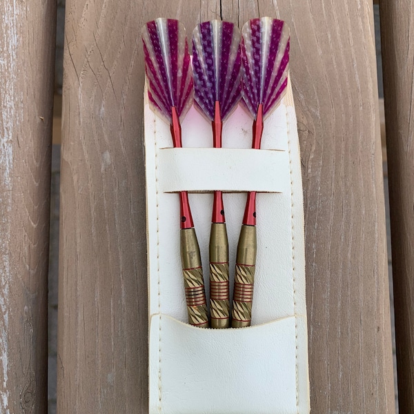 Dart set pocket holder brass plastic tip red white purple retro vintage metal sheer flights dart wall