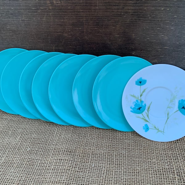Melmac Plates Dish Dishes Pastel Aqua Blue Set Small Camper Cabin Mid Century Plastic Resin Retro Vintage Glamping Turquoise White Floral