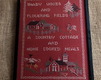 Red linen cross stitch sampler vintage cottage barn shady woods black frame farmhouse farm handmade needlework embroidery primitive fabric