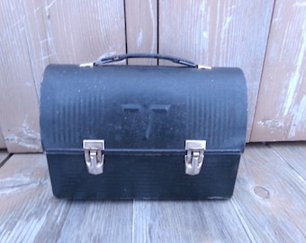 Black Lunchbox Vintage Metal Handled Storage Lunch Box Thermos V Retro Man Cave Rusty Rustic Junk Tool Box Domed Industrial Shabby