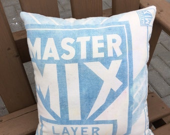 Feed Sack Pillow Upcycled Repurposed Master Mix Hybrid Grain Gunny Flour Blue Vintage Accent Shabby White Ivory Farm McMillen Mills Throw