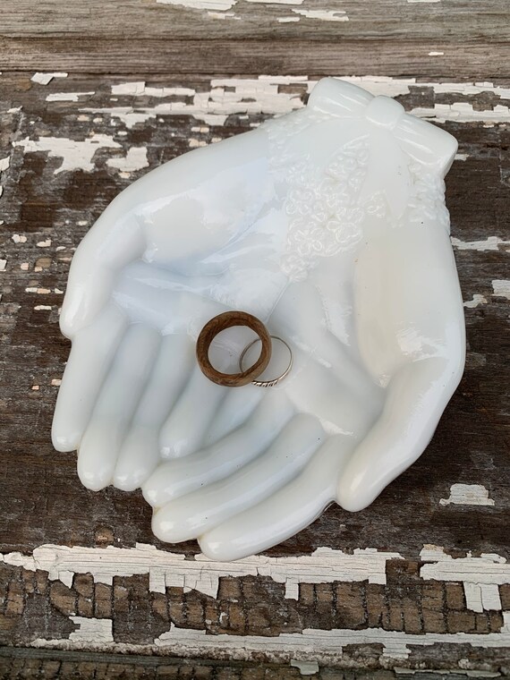 Avon Hands Milk Glass Dish Jewelry Tray White Victorian Art
