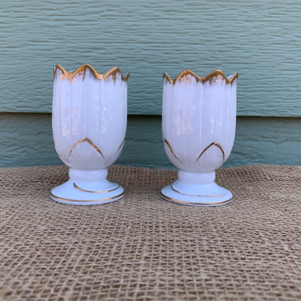 White tulip candleholders gold trim Topline Imports Japan numbered spring candle holder candlestick vintage hand painted