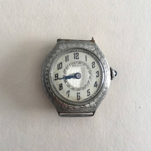 Bulova watch vintage silver tone 14 carat white gold sapphire 1924 Art Deco parts works broken old salvage spare blue hands wind up winding