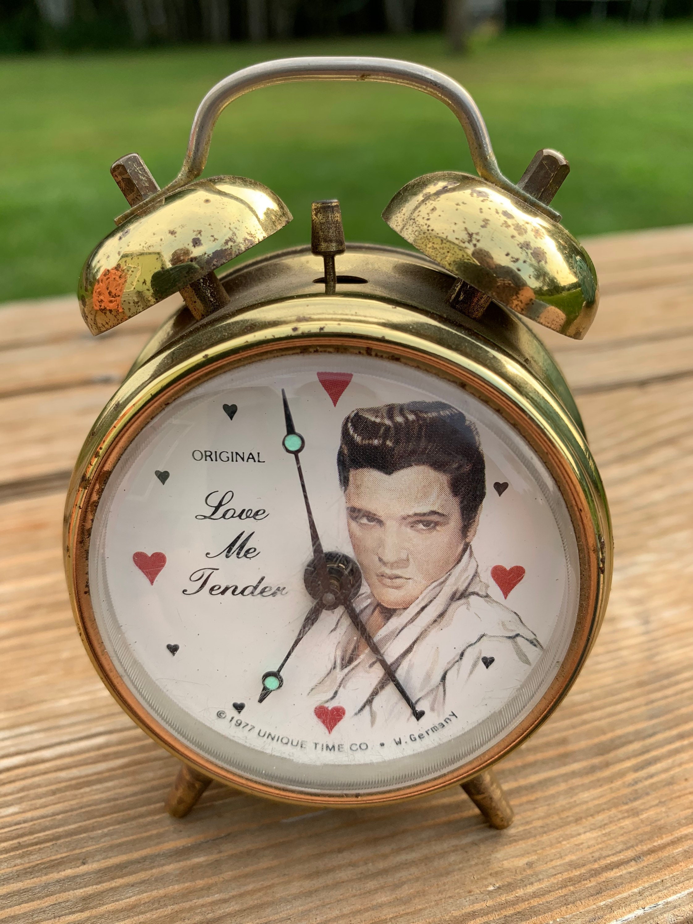 Elvis Clock Wind up Gold Metal Alarm West Germany Unique