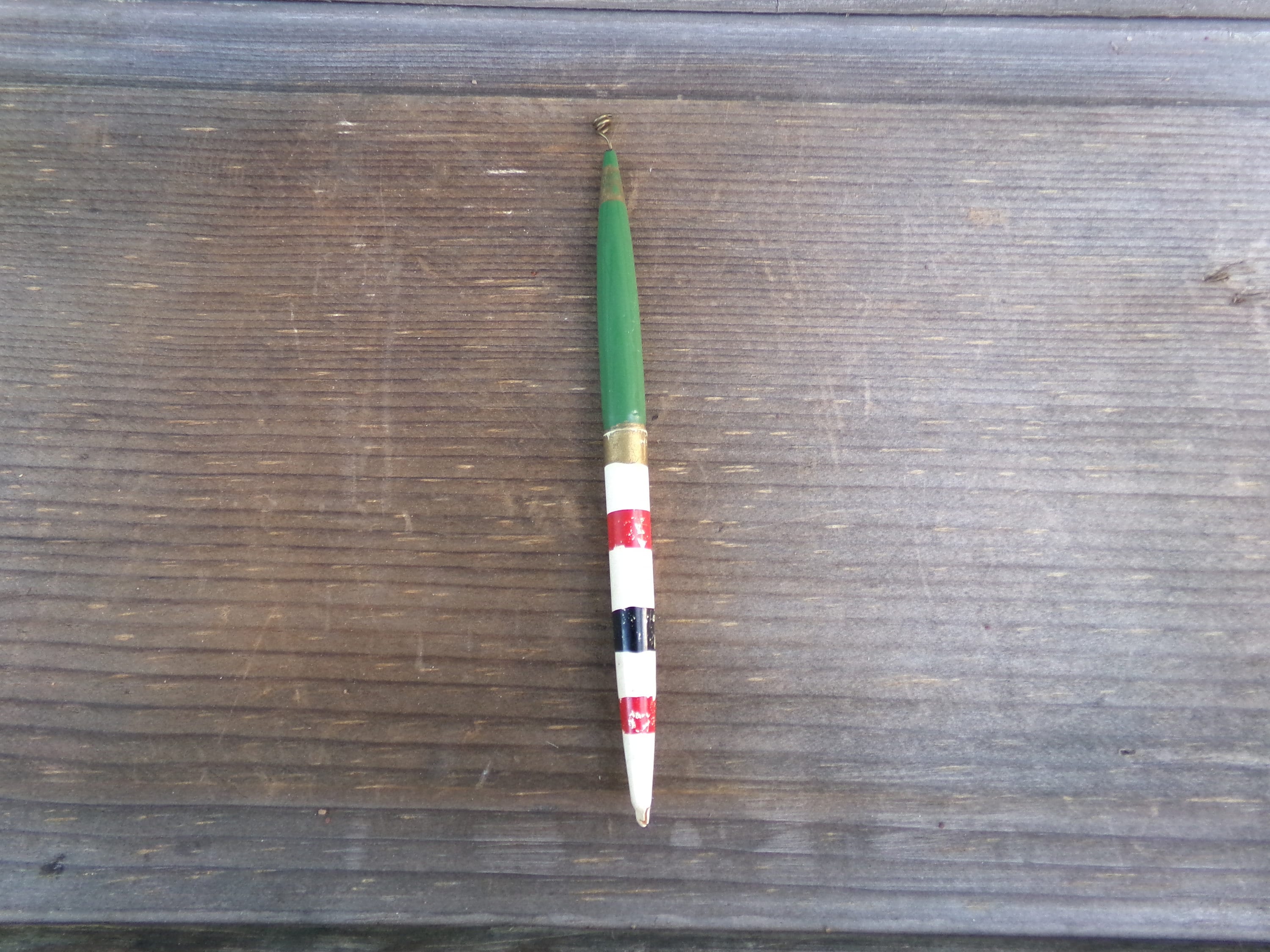 =SOLD= 0170:: 1900 Fishing, Bobber, Float, wooden painted green white: 8¼H