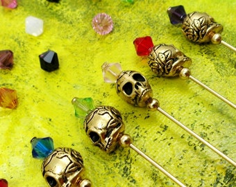 Gothic skull & rose stick pin. Gold plated, choice of 31 colours. Lapel pin, tie pin, hat pin, wedding boutonniere.