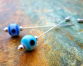 Blue evil eye pin UK made. Nazar Boncuk amulet brooch. Good luck stick pin, lapel pin, boutonniere or hat pin.