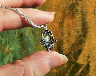 Delicate hamsa hand charm fidget necklace with "something blue" glass bead - Silver plated good luck gift