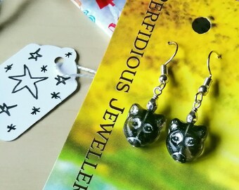 Black cat earrings for Halloween all year! Cat lover or good luck gift. Clip on earring option available.