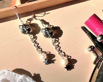 Black cat long drop earrings - Faux Pearl and black hematite stars - Cat mum gift idea