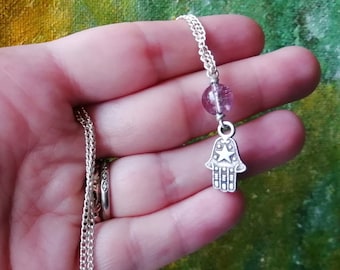 Hamsa hand pendant with pink glass, silver plated necklace. Protective good luck gift. Hand of God jewellery.