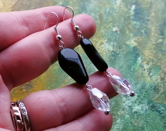 Black glass coffin earrings with glass drops -  everyday gothic sparkle | Hook or clip on earring