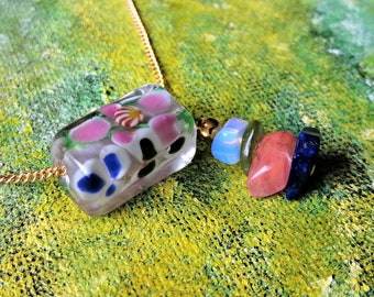 Spring colours floral asymmetric necklace. Modern mum gift, eco-friendly upcycled bead and gemstones on gold tone chain.