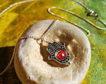 Dainty red hamsa hand charm fidget necklace - red glass bead - Silver plated good luck gift