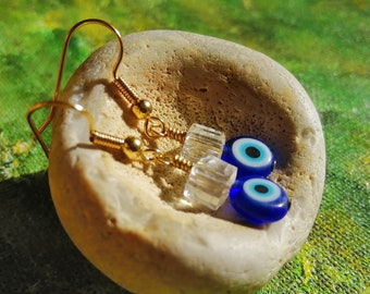 Delicate evil eye "something blue" gold plated drop earrings - small something blue nazar boncugu earrings - Clip on available.
