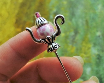 Pink floral miniature teapot stick pin brooch: Tea drinker gift, hat pin, lapel pin or boutonniere.
