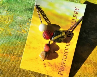 Modern Boho bead and gemstone necklace. Mum gift with goldstone, ocean jasper and upcycled beads.