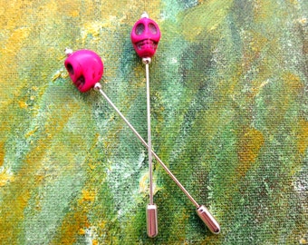 Pink Sugar Skull goth stick pin, lapel pin, hat pin. Howlite skull day of the dead jewellery for Halloween