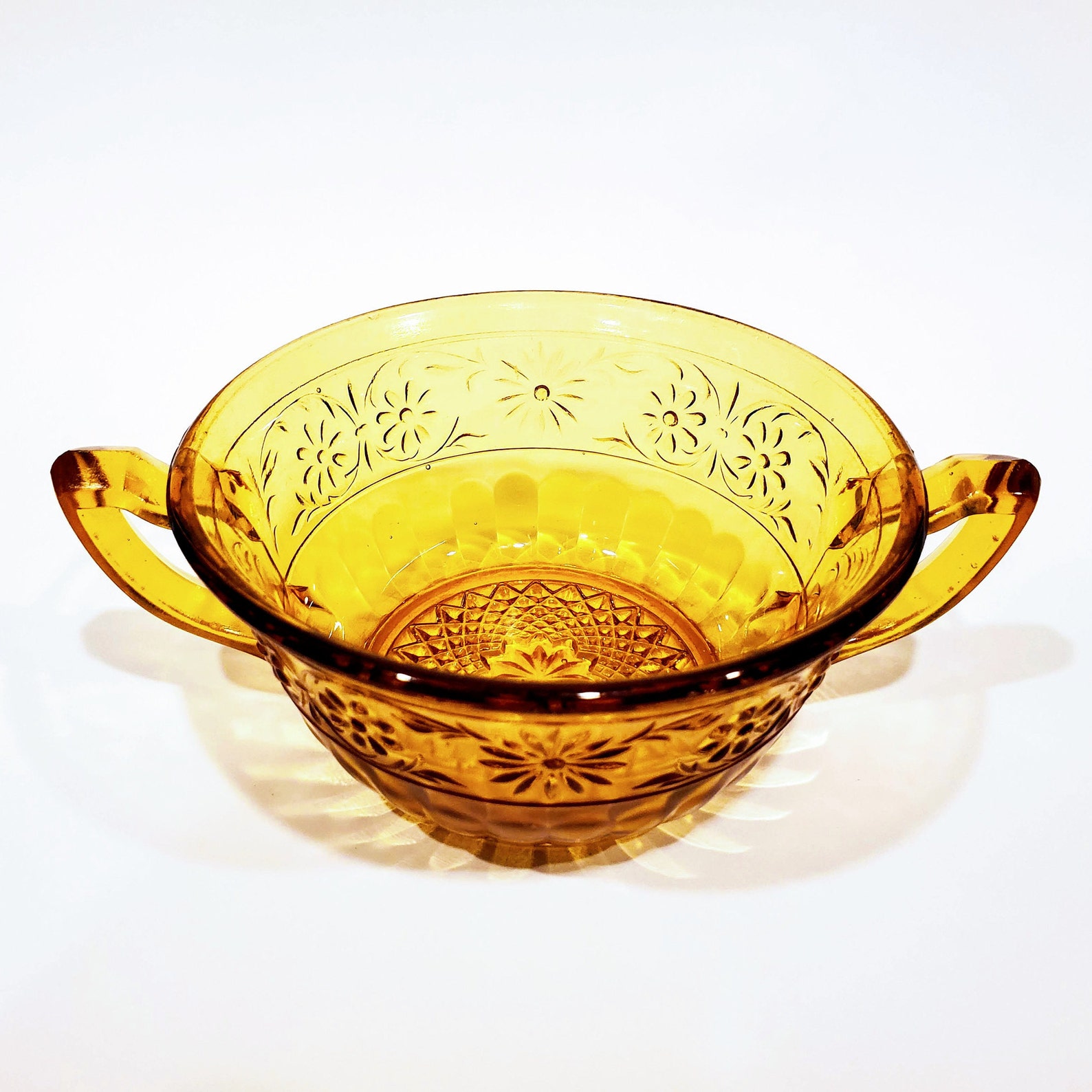 Vintage Cream Soup Bowl Amber Glass Daisy Pattern Depression Etsy