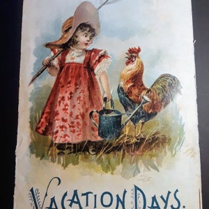 Viktorianisches Kind, McLoughlin Bros, Antique Print, Kinderbuch Illustration &quot;&quot;Vacation Days&quot;&quot;, Chromolithographie des 19.Jahrhunderts, Scrapbooking.&quot;