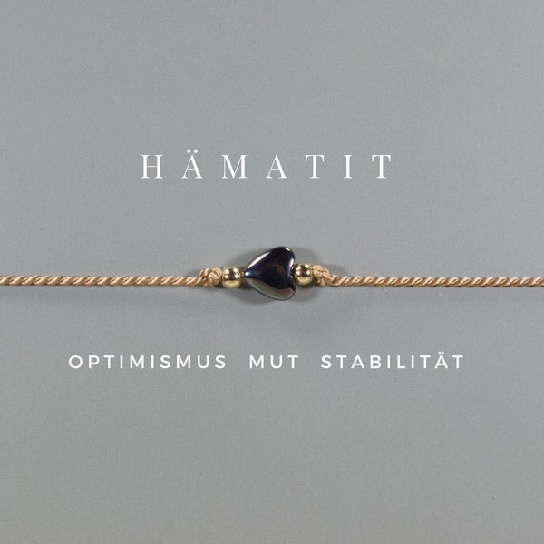 Hämatit-Herz Armband, Talisman, Yoga, feines Armband, Seidenband, filigran, zart