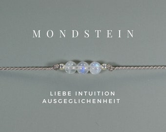 Mondstein Armband, Talisman, 925 Silber, feines Armband, Seidenband, filigran, zart, 3 Kugeln