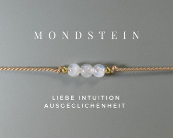 Mondstein Armband, Talisman, Yoga, feines Armband, Seidenband, filigran, zart, 3 Kugeln