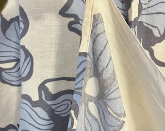 rideau vintage grande fleur bleue, un panneau, rideaux courts des années 70, rideau suédois scandinave en coton et lin