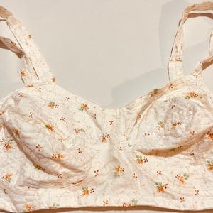 Vintage Cotton Bra 70s Retro Cotton Brassiere Ladies Lingerie Underwear Peach Cotton Bra Small Orange Leaves
