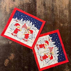 Set of 2 Vintage Finnish Finlayson Christmas Tablecloth Decor / Christmas Elves and Snowman / Small Size  25x27cm