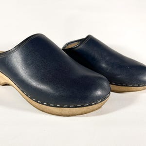 Swedish classic wooden clogs , finnish mule clogs , navy blue leather wood clogs