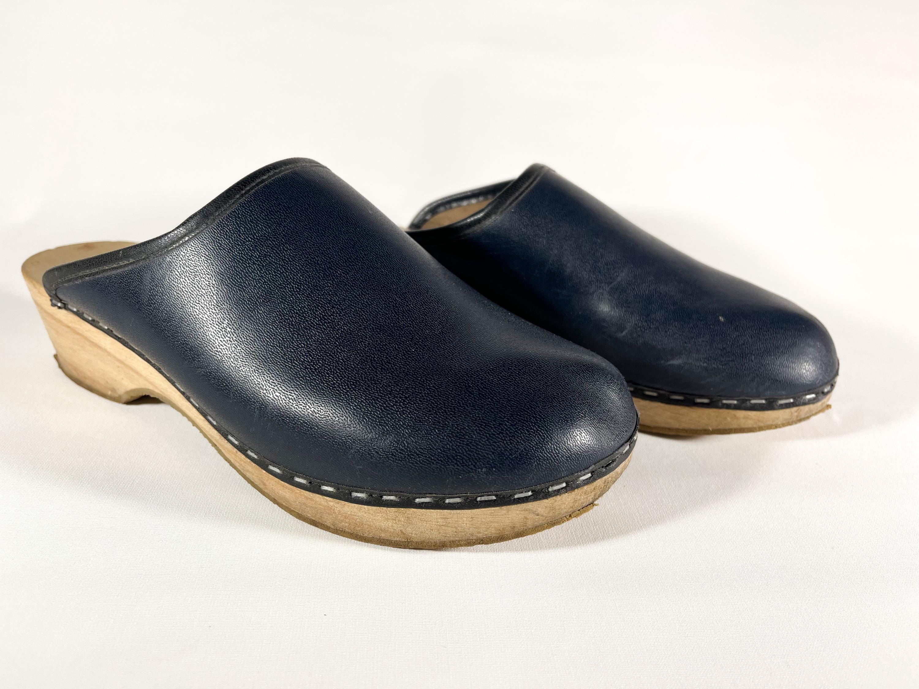 Swedish classic wooden clogs, finnish mule clogs, navy blue leather…
