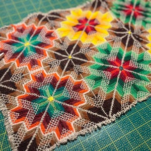 Può includere: Primo piano di un tessuto cucito a mano con un motivo ripetitivo di stelle colorate a forma di stella. Il tessuto è marrone, verde, rosso, arancione e giallo. Il tessuto è sfilacciato ai bordi.