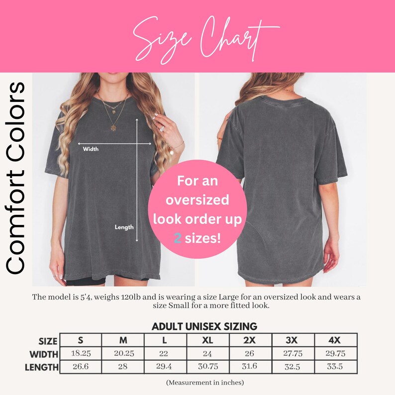 K&ouml;nnte beinhalten: Gr&ouml;&szlig;entabelle f&uuml;r Comfort Colors Unisex-T-Shirts f&uuml;r Erwachsene. Die Tabelle zeigt die Ma&szlig;e in Zoll f&uuml;r die Gr&ouml;&szlig;en S bis 4XL. Das Model ist 1,63 m gro&szlig; und wiegt 54 kg. F&uuml;r einen Oversize-Look zwei Gr&ouml;&szlig;en gr&ouml;&szlig;er bestellen.
