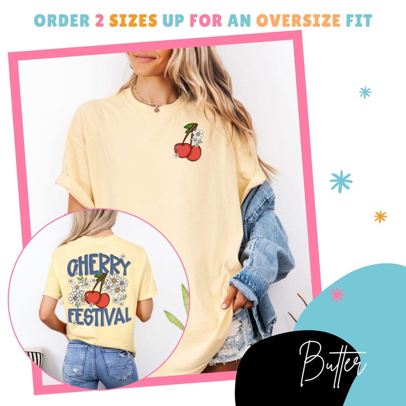 K&ouml;nnte beinhalten: Ein hellgelbes T-Shirt mit einem Kirsch-Motiv auf der Vorder- und R&uuml;ckseite. Auf der R&uuml;ckseite des Shirts steht "Cherry Festival" mit einem Kirsch- und G&auml;nsebl&uuml;mchen-Design. Der Text "Order 2 sizes up for an oversize fit" steht oben.