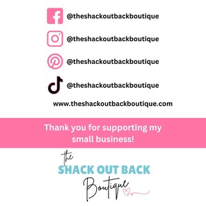 K&ouml;nnte beinhalten: Grafik mit Social-Media-Symbolen f&uuml;r Facebook, Instagram, Pinterest und TikTok, die jeweils mit @theshackoutbackboutique verkn&uuml;pft sind. Das Bild enth&auml;lt die Website www.theshackoutbackboutique.com und ein pinkfarbenes Banner mit dem Text "Vielen Dank f&uuml;r die Unterst&uuml;tzung meines kleinen Unternehmens!"
