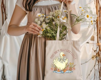 They Don’t Dilly Like I Dally Duck Tote Bag, Cute Cottagecore Canvas Tote with Floral Detail, Farmer’s Market Bag, Funny Gift for Her, Duck