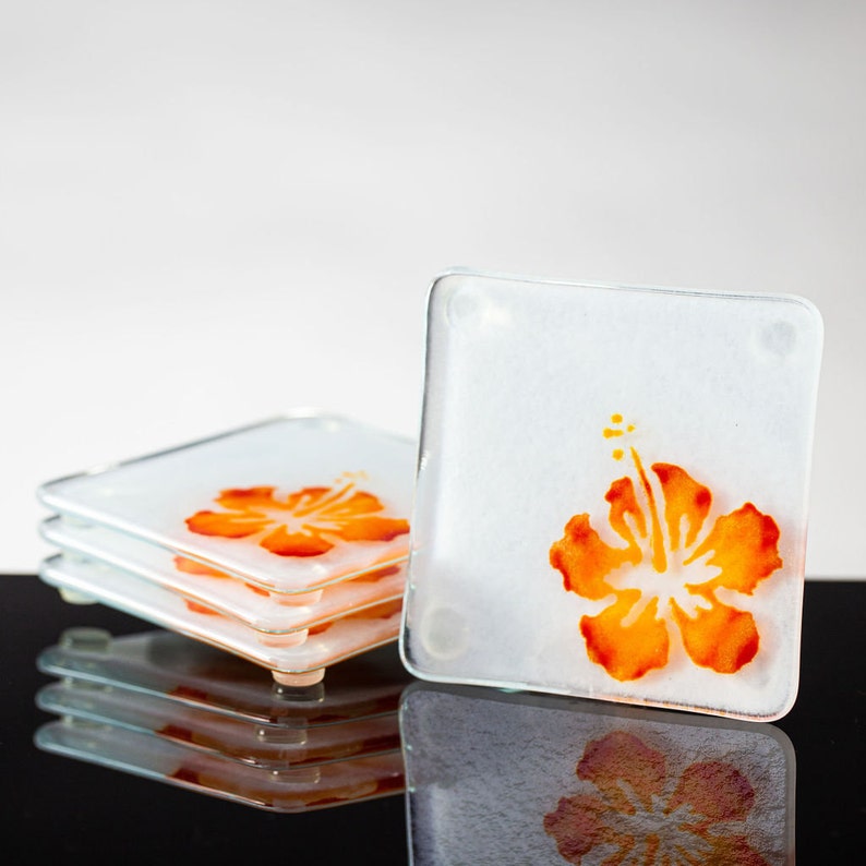 Hibiscus Flower Fused Glass Coasters