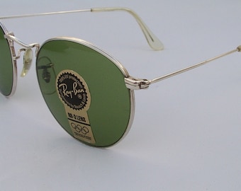 New Vintage B&L Ray Ban Round Metal Silver RB-3 Green 49mm W1294 Sunglasses USA