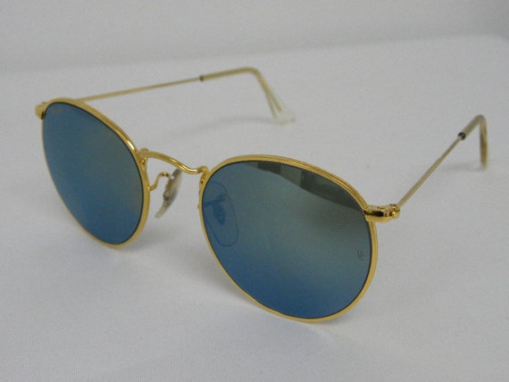 New Vintage B&L Ray Ban Round Metal Gold Blue Mirror 49mm  display picture 1