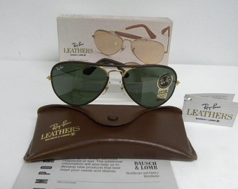 New Vintage B&L Ray Ban  Large Metal Leathers Brown Arista Gold L1644 58mm Aviator Sunglasses USA