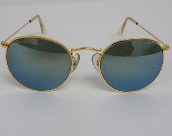 New Vintage B&L Ray Ban Round Metal Gold Blue Mirror 49mm W1861 Sunglasses USA