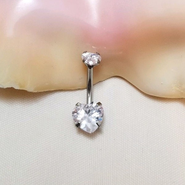 14G Surgical Steel belly ring with Clear heart CZ prong set gems