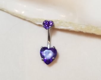 14G Surgical Steel belly ring with purple heart CZ prong set gems